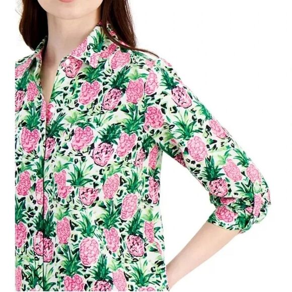 Charter Club Luxury Linen Bright Pineapple Print Roll Tab Sleeves Size Medium - Picture 4 of 10